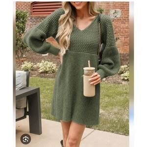 Cupshe Womens Sage Green V-Neck Balloon Sleeve Knit Sweater Mini Dress NWT